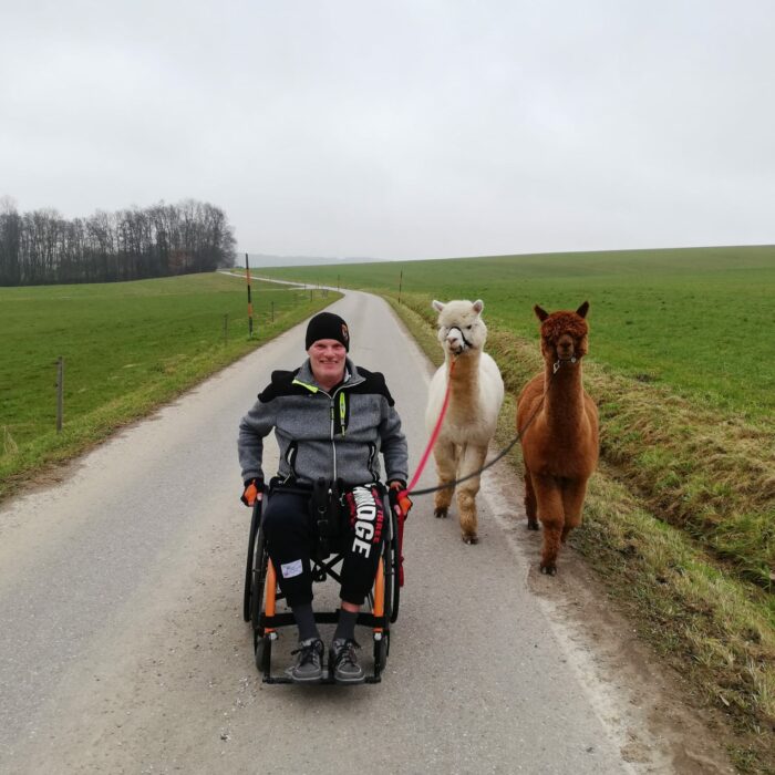 Rollstuhlfahrer Jörg mit den Alpakas seitlich